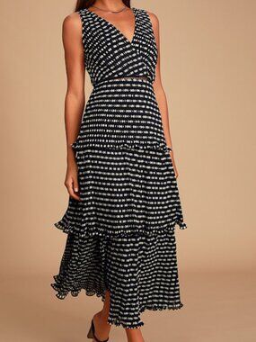Lulus Do-si-do Black Polka Dot Pleated Tiered Maxi Dress - Size XS